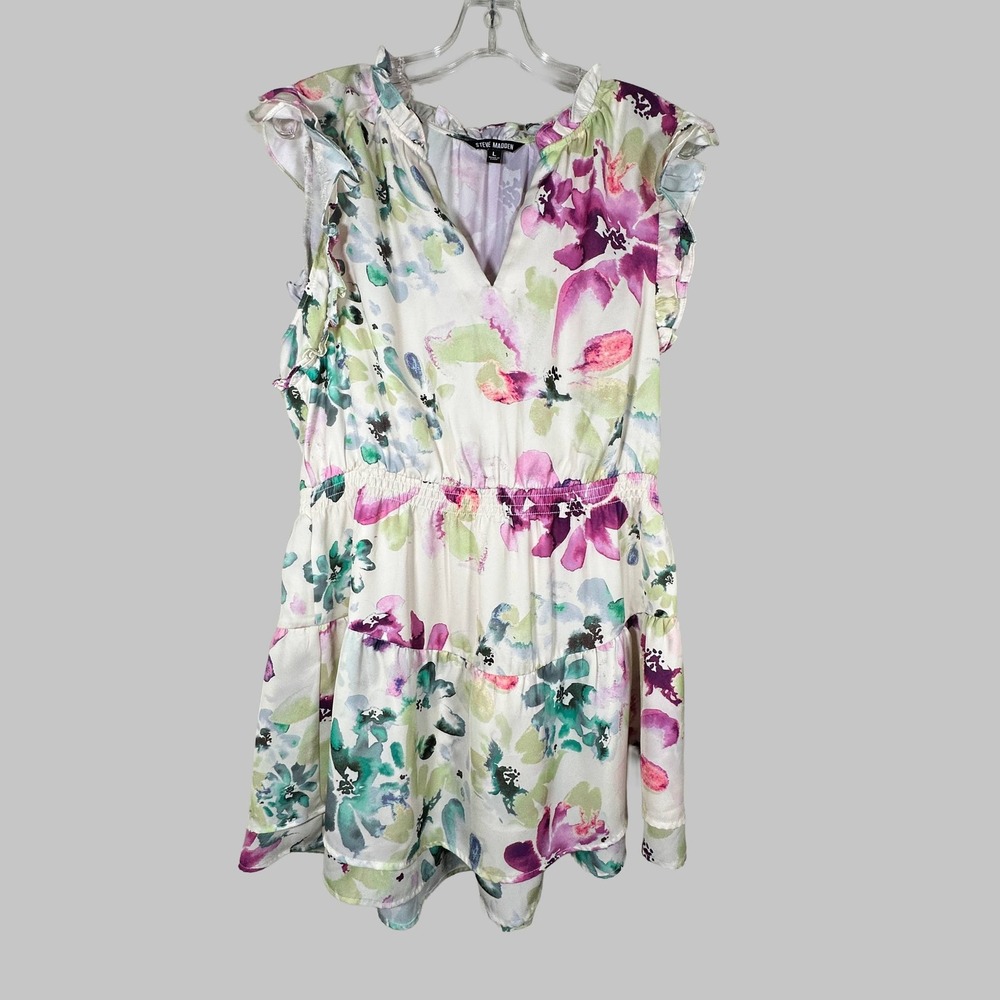 Steve Madden Prairie Dreams Multi Floral Ruffle Mini Dress V-Neck Satin Large